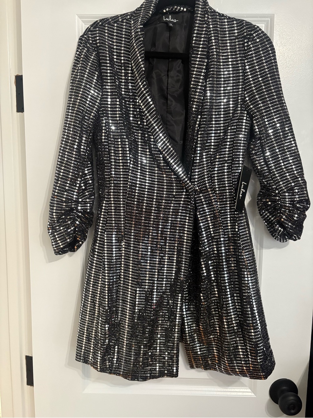 Lulu's Black Silver shiny long Blazer Jacket